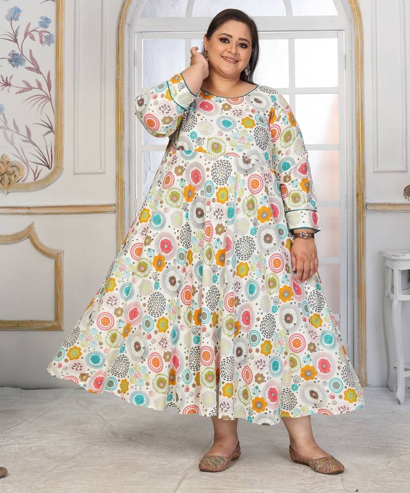 Off white rayon embroidered printed plus size kurta for girls