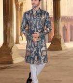 Men's bluish grey silk thread and sequence embroidery all over  kurta set