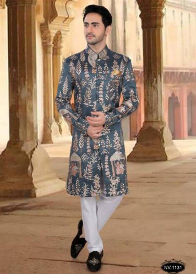 Men's bluish grey silk thread and sequence embroidery all over  kurta set