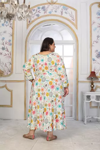 Off white rayon embroidered printed plus size kurta for girls