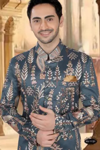 Men's bluish grey silk thread and sequence embroidery all over  kurta set
