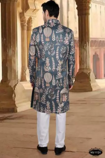 Men's bluish grey silk thread and sequence embroidery all over  kurta set