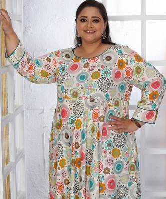 Off white rayon embroidered printed plus size kurta for girls 3