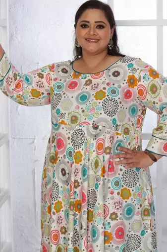 Off white rayon embroidered printed plus size kurta for girls