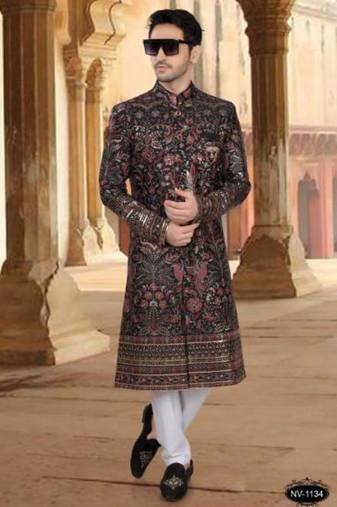 Men's black ( multi colour embroidery ) silk heavy thread and sequence embroidery embroidery all over  kurta set