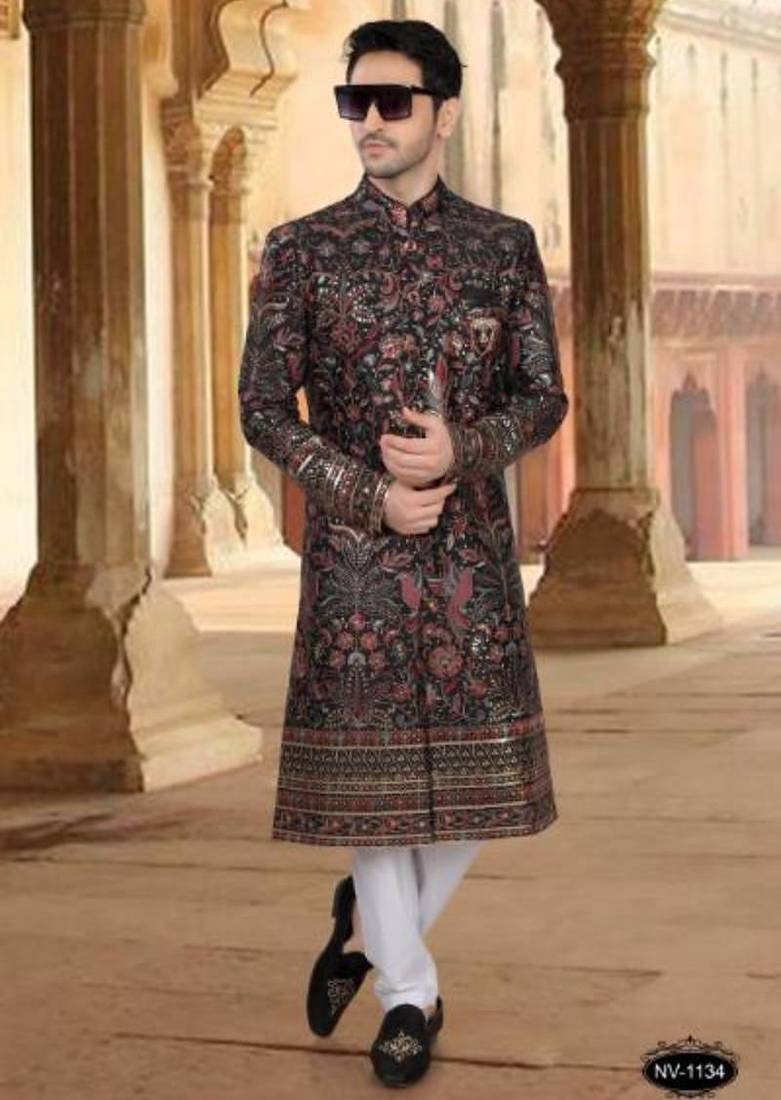 Men's black ( multi colour embroidery ) silk heavy thread and sequence embroidery embroidery all over  kurta set