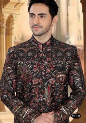 Men's black ( multi colour embroidery ) silk blend heavy thread and sequence embroidery embroidery all over kurta set 2