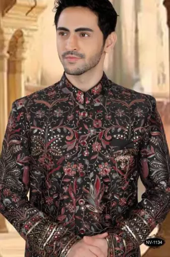 Men's black ( multi colour embroidery ) silk heavy thread and sequence embroidery embroidery all over  kurta set