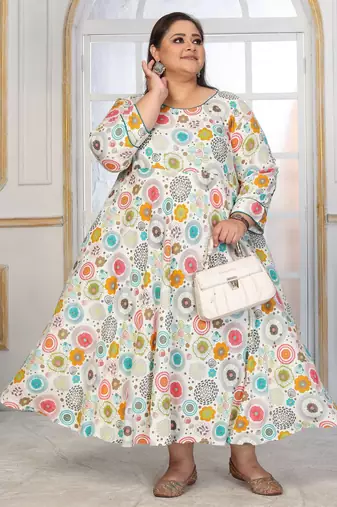 Off white rayon embroidered printed plus size kurta for girls