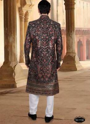 Men's black ( multi colour embroidery ) silk blend heavy thread and sequence embroidery embroidery all over kurta set 3