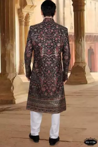 Men's black ( multi colour embroidery ) silk heavy thread and sequence embroidery embroidery all over  kurta set