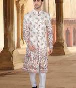 Men's cream ( multi colour embroidery ) silk heavy thread and sequence embroidery embroidery all over  kurta set