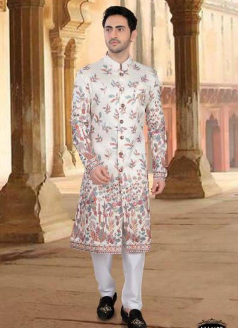 Men's cream ( multi colour embroidery ) silk heavy thread and sequence embroidery embroidery all over  kurta set