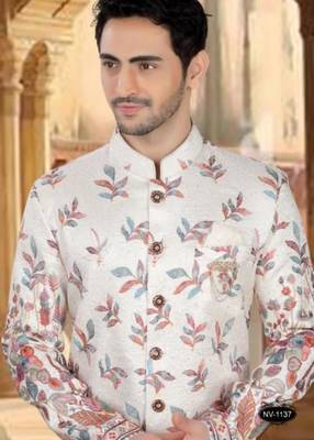 Men's cream ( multi colour embroidery ) silk blend heavy thread and sequence embroidery embroidery all over kurta set 2