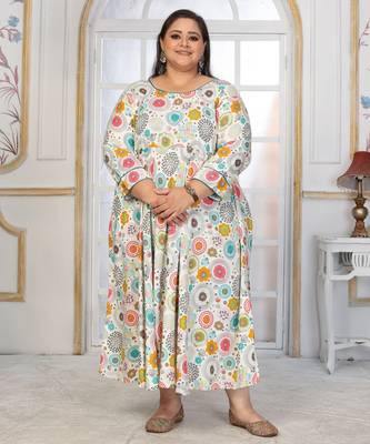 Off white rayon embroidered printed plus size kurta for girls 5