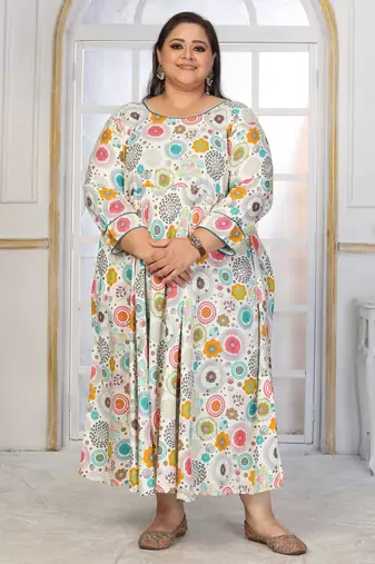 Off white rayon embroidered printed plus size kurta for girls