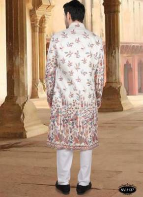 Men's cream ( multi colour embroidery ) silk blend heavy thread and sequence embroidery embroidery all over kurta set 3