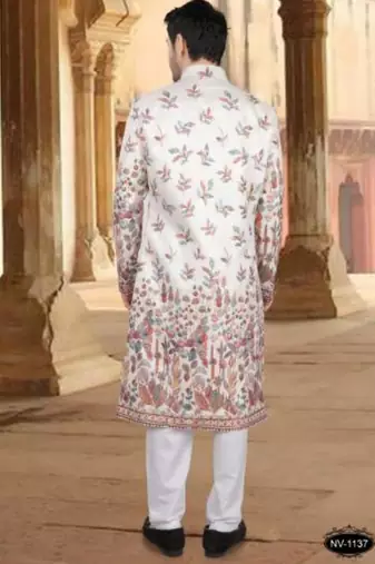 Men's cream ( multi colour embroidery ) silk heavy thread and sequence embroidery embroidery all over  kurta set