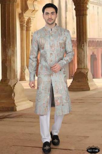 Men's blue  malia silk thread and sequence embroidery all over  kurta set