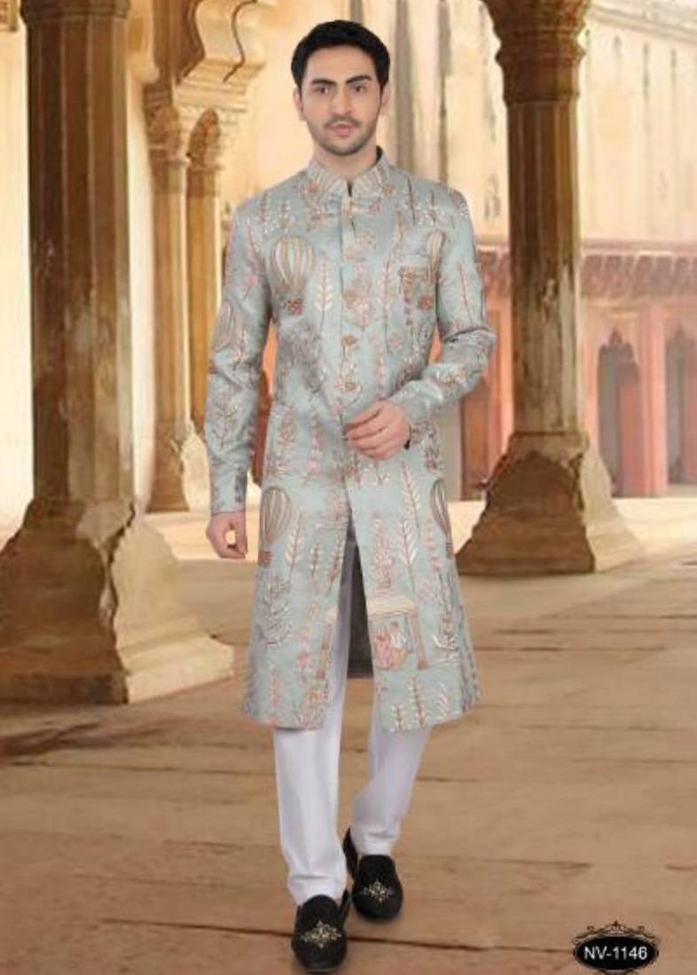 Men's blue  malia silk thread and sequence embroidery all over  kurta set