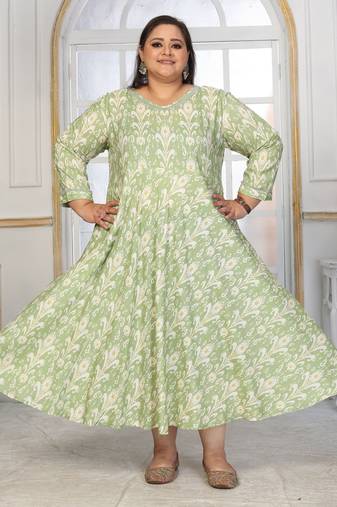 Green rayon embroidered printed plus size kurta for girls