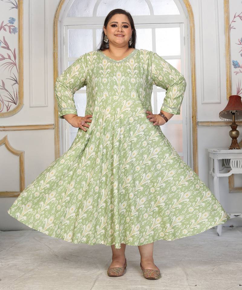 Green rayon embroidered printed plus size kurta for girls