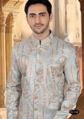 Men's blue malia silk blend thread and sequence embroidery all over kurta set 2
