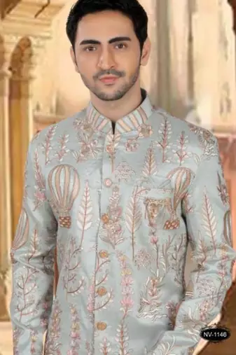 Men's blue  malia silk thread and sequence embroidery all over  kurta set