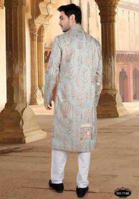 Men's blue malia silk blend thread and sequence embroidery all over kurta set 3