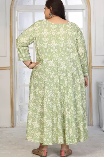 Green rayon embroidered printed plus size kurta for girls
