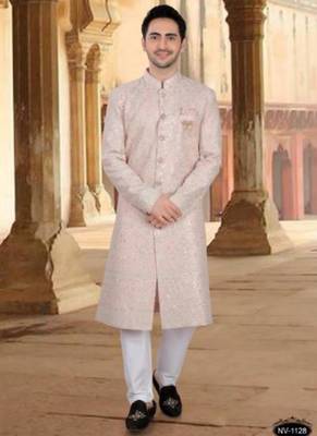 Men's pink georget heavy thread and sequence embroidery embroidery all over kurta set 1