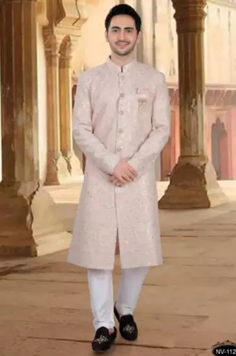 Men's pink georget  heavy thread and sequence embroidery embroidery all over Sherwani set