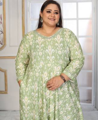Green rayon embroidered printed plus size kurta for girls 3