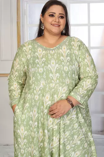 Green rayon embroidered printed plus size kurta for girls