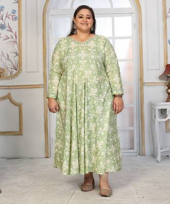 Green rayon embroidered printed plus size kurta for girls 4