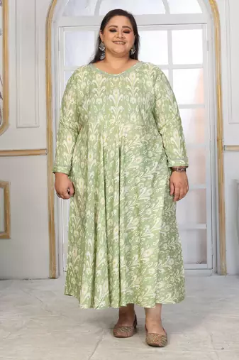 Green rayon embroidered printed plus size kurta for girls