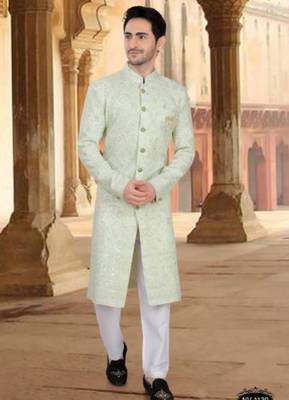 Men's green georget heavy thread and sequence embroidery embroidery all over kurta set 1