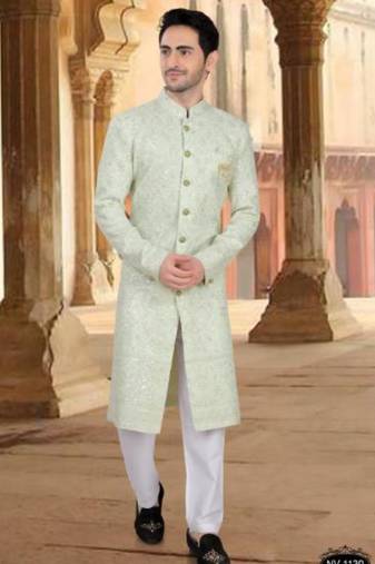 Men's green georget  heavy thread and sequence embroidery embroidery all over  kurta set
