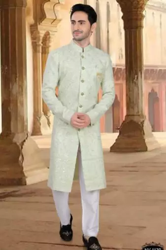 Men's green georget  heavy thread and sequence embroidery embroidery all over  kurta set