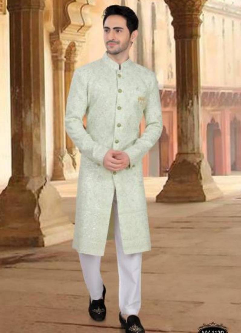 Men's green georget  heavy thread and sequence embroidery embroidery all over  kurta set