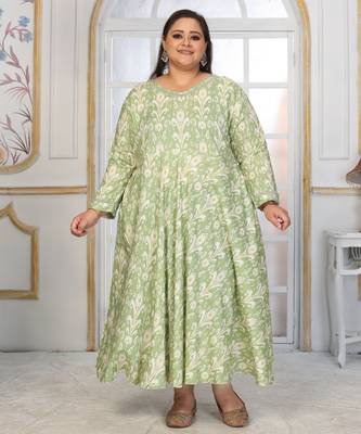 Green rayon embroidered printed plus size kurta for girls 5