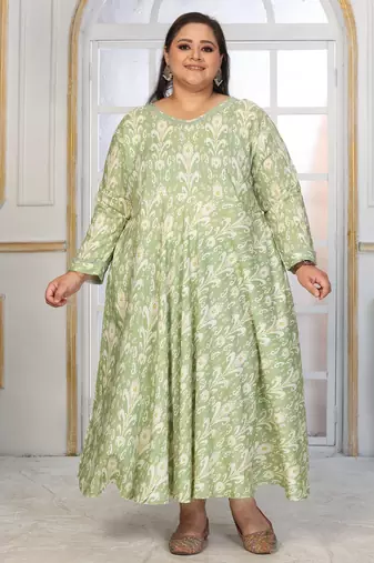 Green rayon embroidered printed plus size kurta for girls