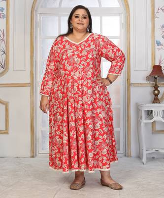 Red rayon embroidered printed plus size kurta for girls 1
