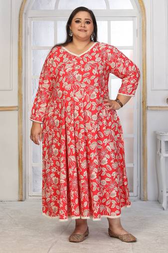 Red rayon embroidered printed plus size kurta for girls