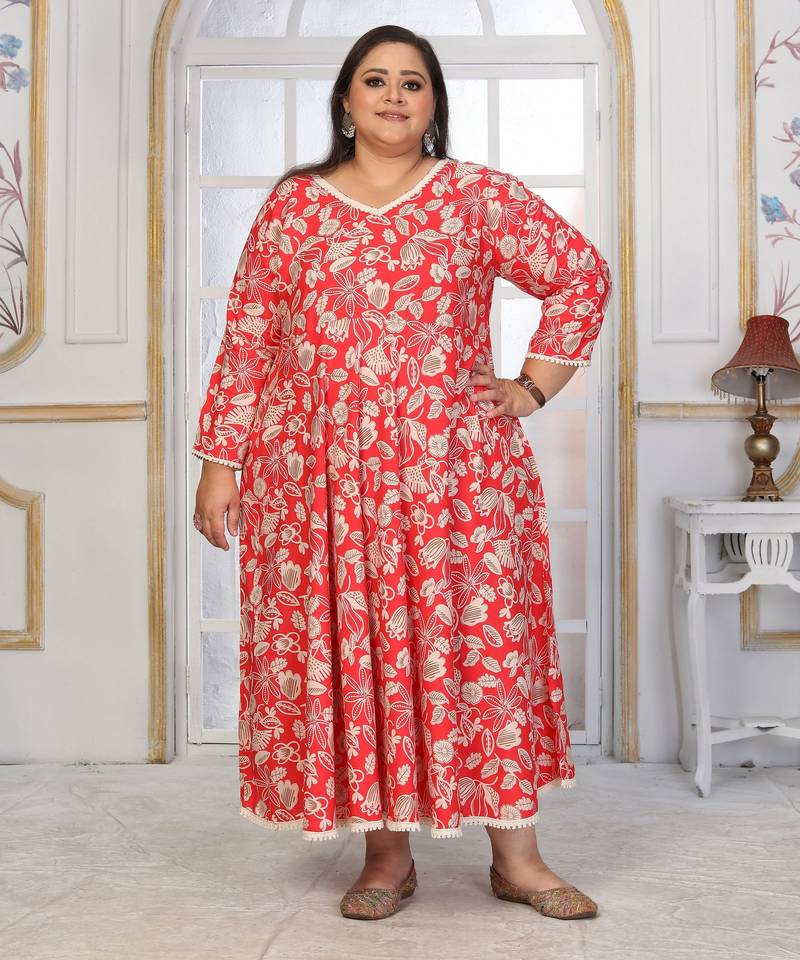 Red rayon embroidered printed plus size kurta for girls
