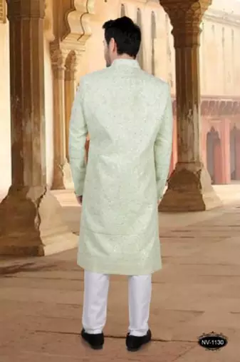 Men's green georget  heavy thread and sequence embroidery embroidery all over  kurta set