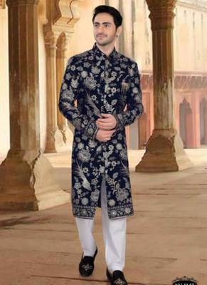 Men's blue velvet heavy thread and sequence embroidery embroidery all over kurta set 1