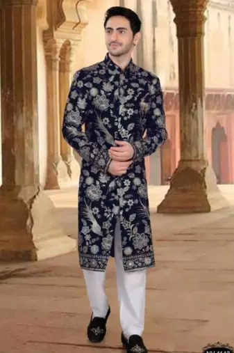 Men's blue  velvet  heavy thread and sequence embroidery embroidery all over  kurta set