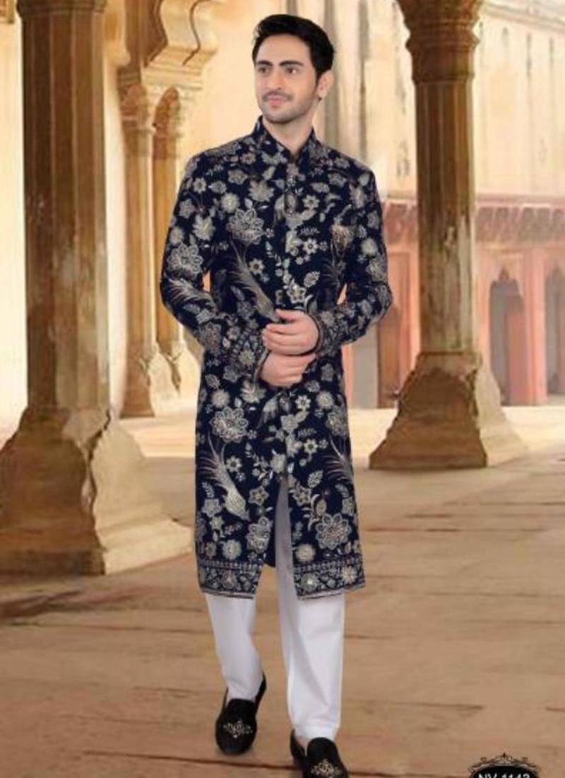 Men's blue  velvet  heavy thread and sequence embroidery embroidery all over  kurta set