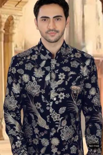 Men's blue  velvet  heavy thread and sequence embroidery embroidery all over  kurta set